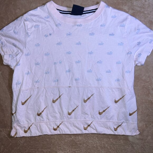 Nike Women LG PInk Short Sleeve Metallic‎ All Over Print Crew Neck Crop Top (R) - Picture 1 of 6